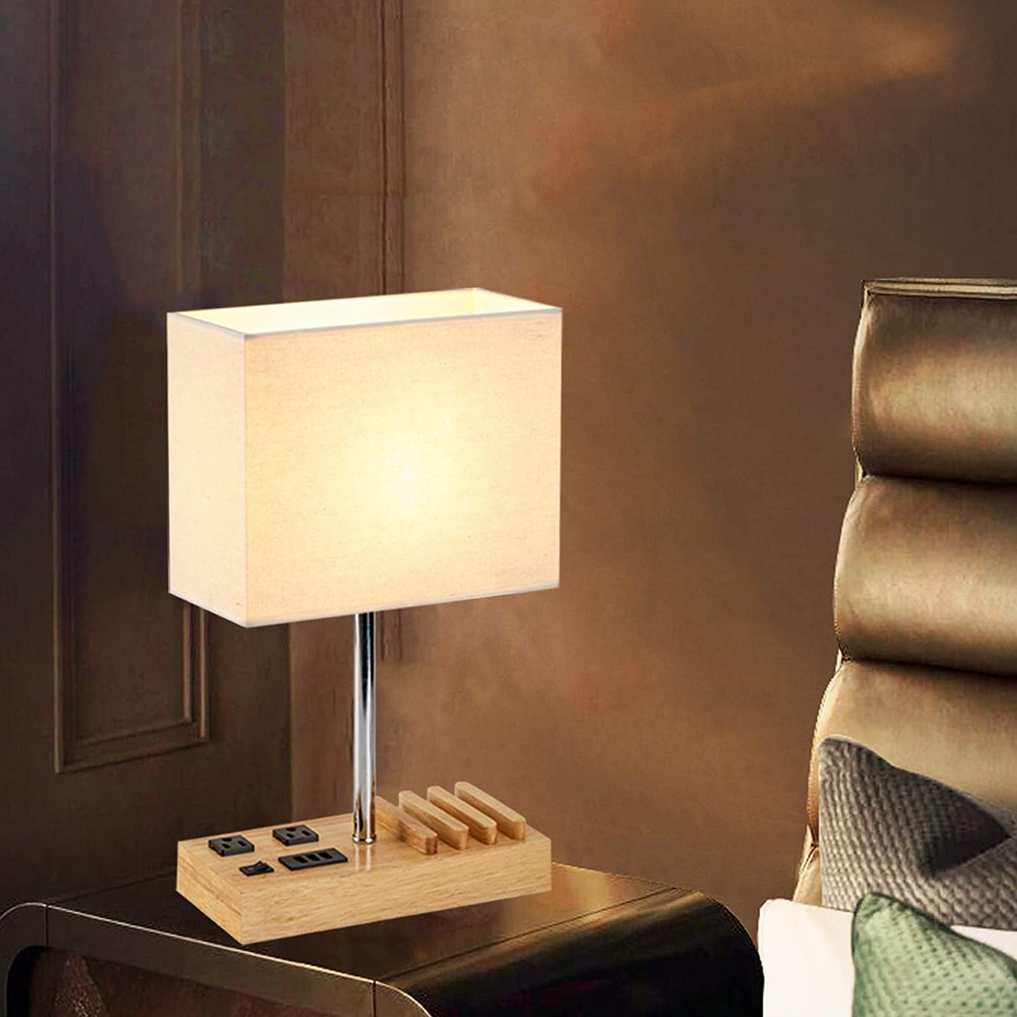 Nightstand Bedside Lamp with Natural Wooden Base and Cream Linen Shade | 3 USB Charging Ports | 2AC Outlets | 3 Phone Stands