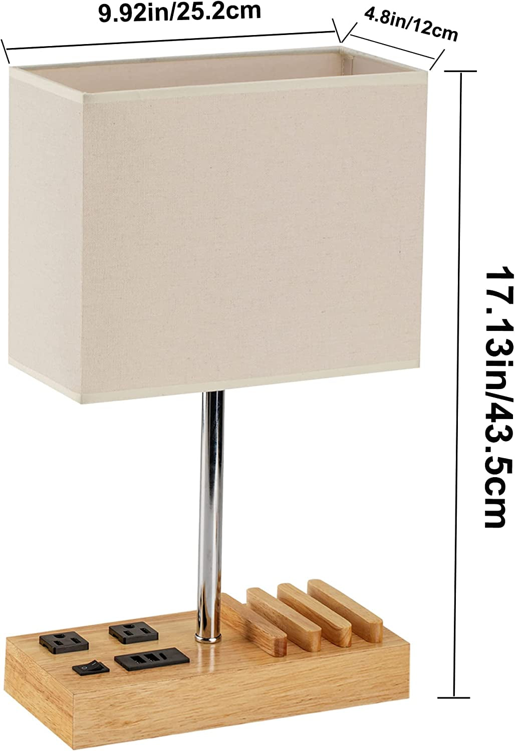 Nightstand Bedside Lamp with Natural Wooden Base and Cream Linen Shade | 3 USB Charging Ports | 2AC Outlets | 3 Phone Stands