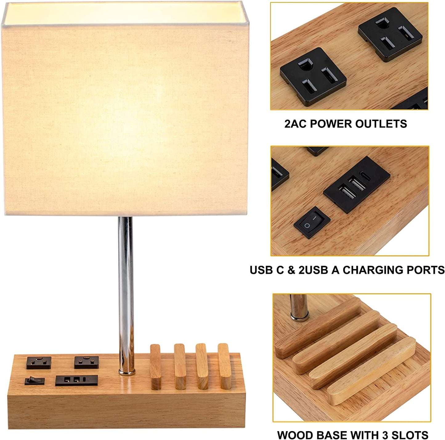 Nightstand Bedside Lamp with Natural Wooden Base and Cream Linen Shade | 3 USB Charging Ports | 2AC Outlets | 3 Phone Stands