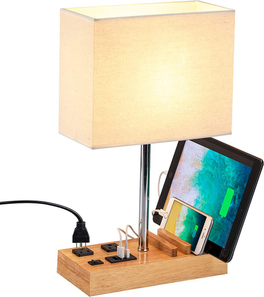 Nightstand Bedside Lamp with Natural Wooden Base and Cream Linen Shade | 3 USB Charging Ports | 2AC Outlets | 3 Phone Stands